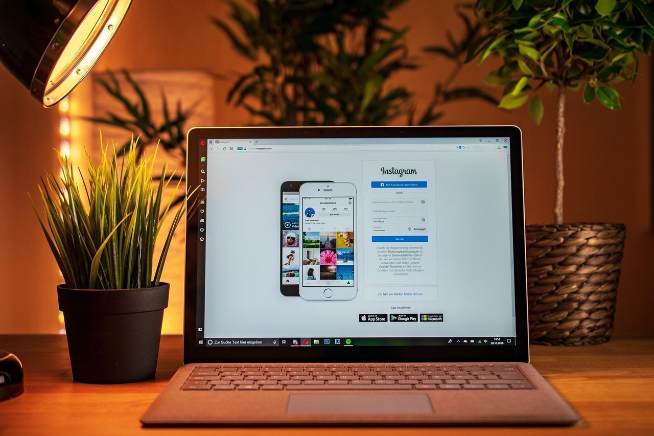 Macbook sur une table au milieu de plantes vertes